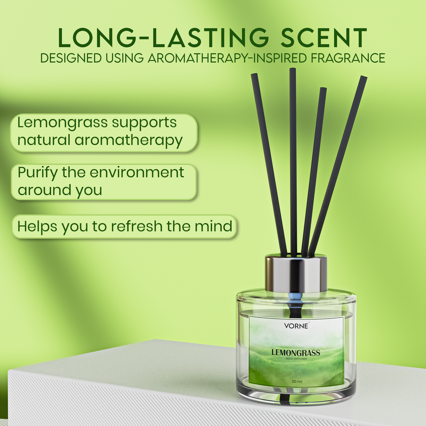 VORNE Lemongrass Reed Diffuser 50ml | Fresh Citrus Natural Room Freshener